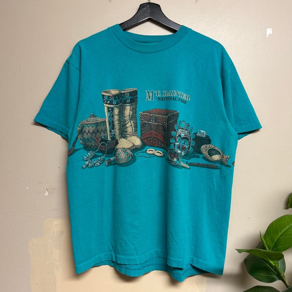 Vintage 90s Mt Rainier National Park Western Wrap Around Print Shirt Mens L Teal